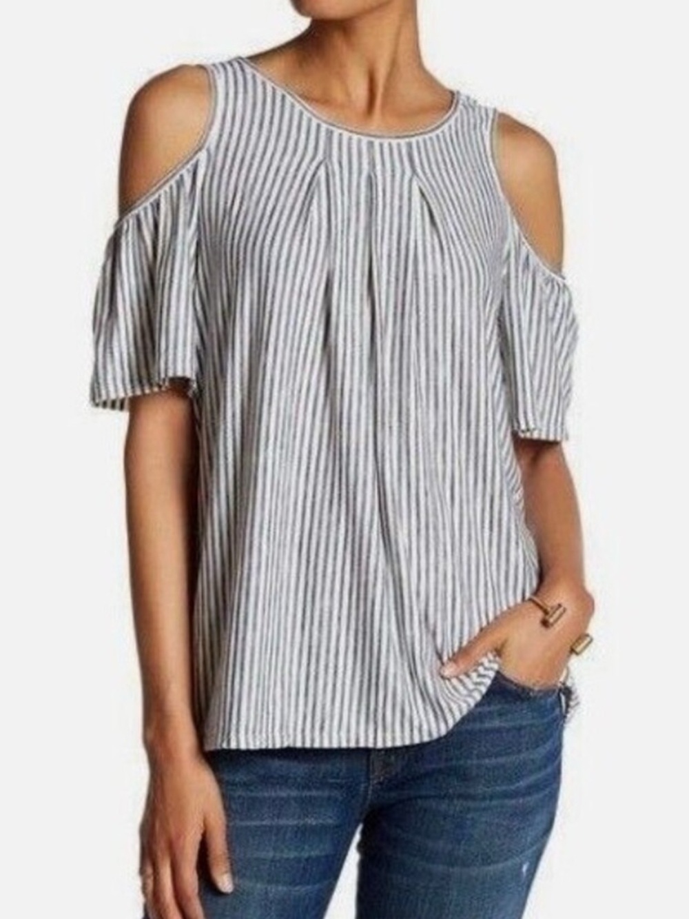 Max Studio Cold-Shoulder Black Stripe Top Women's L